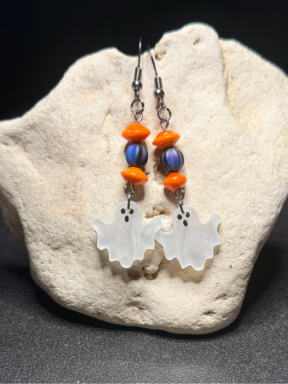 🎃Handmade🎃 White Ghost Dangle Earrings with Orange and Purple Beads